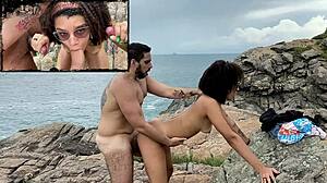 跨种族情侣在裸体海滩上淘气