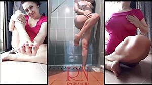 Milf strips in the bathroom and gets sensual with body lotion