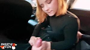 Fiery redhead gives a steamy blowjob to a taxi driver and swallows his climax in a thrilling car ride - an intimate POV experience.